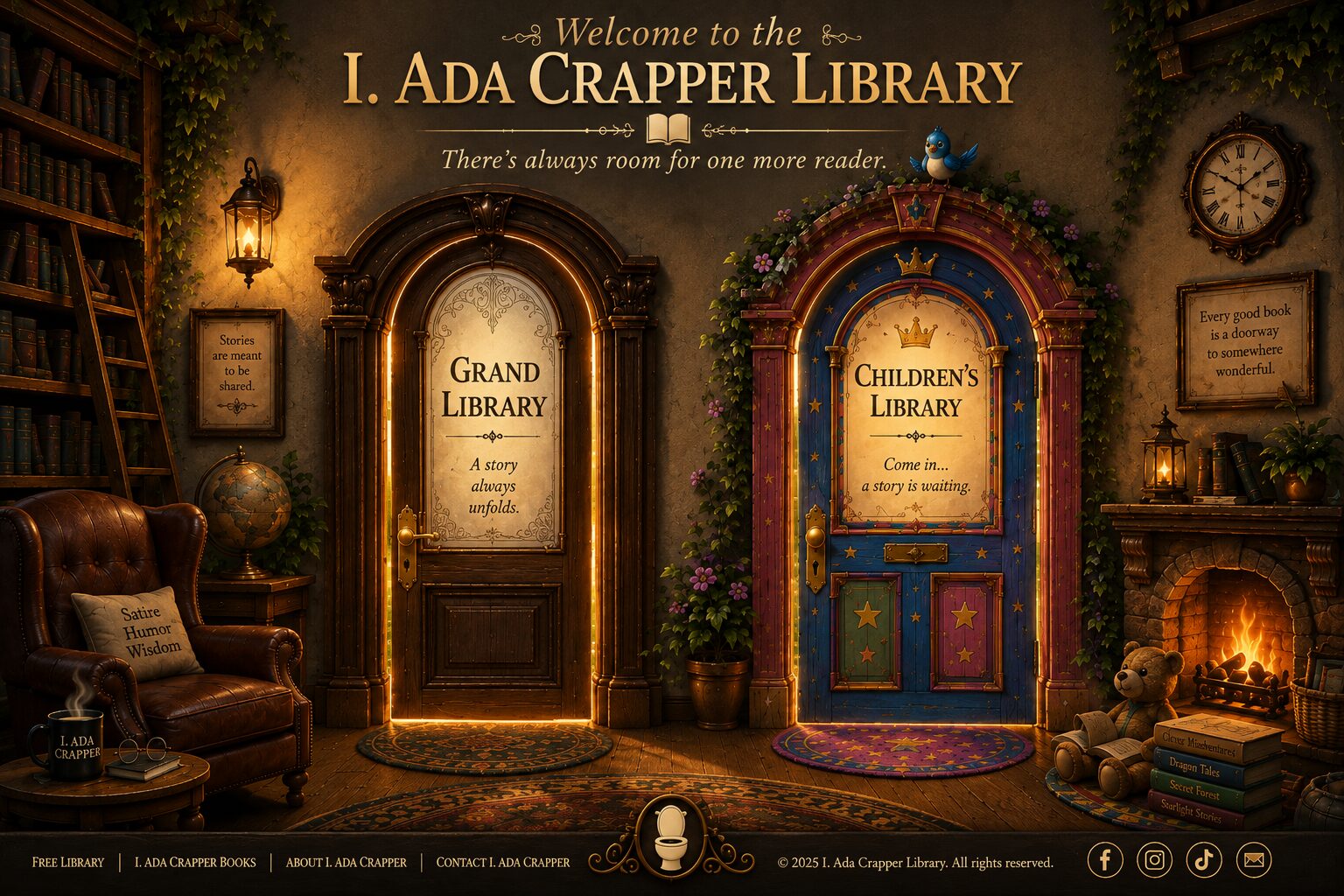 The entrance lobby of the I. Ada Crapper Library. The Grand Library entrance is on the left and the Children’s Library entrance is on the right.